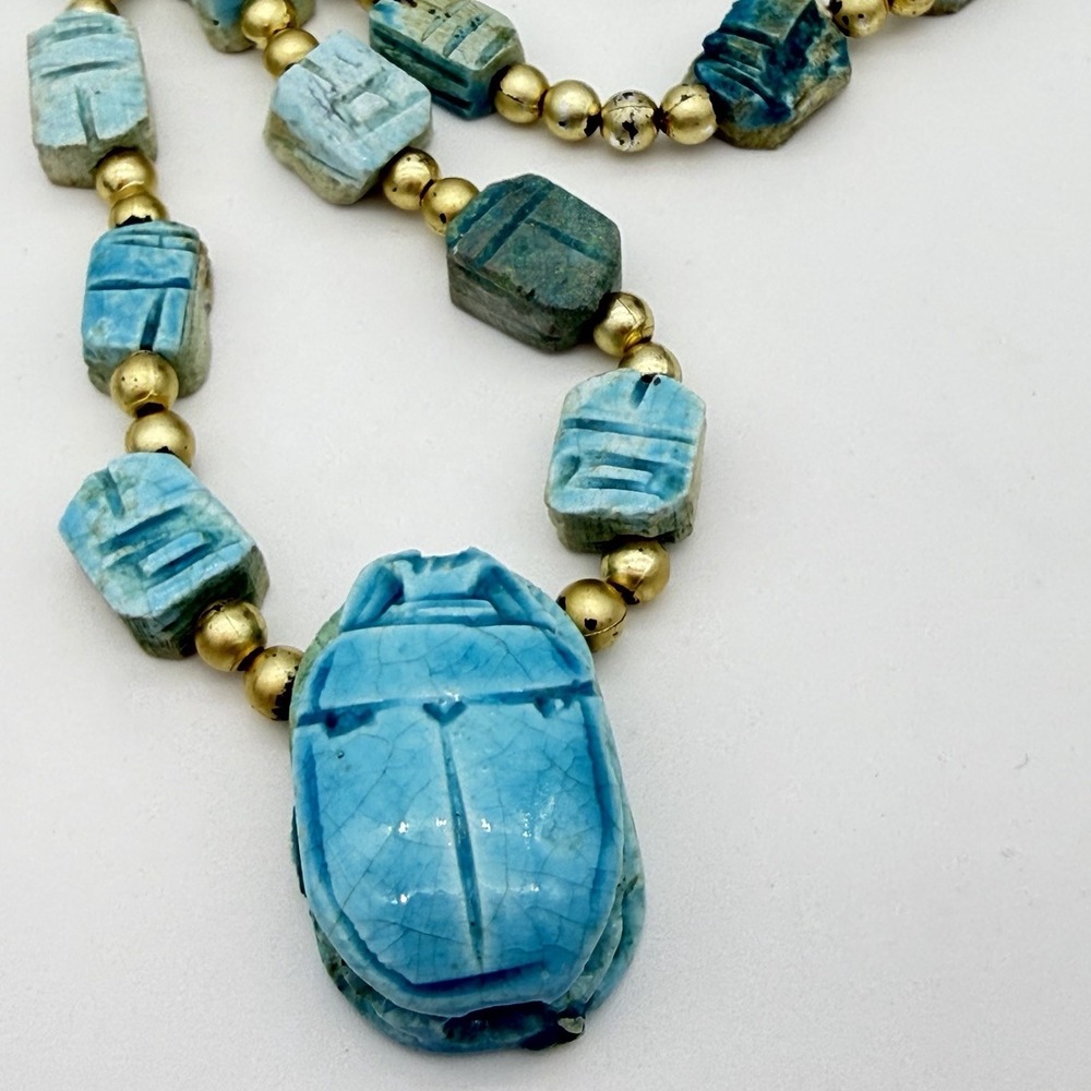 Vintage blue scarab Beaded Necklace Egyptian revival